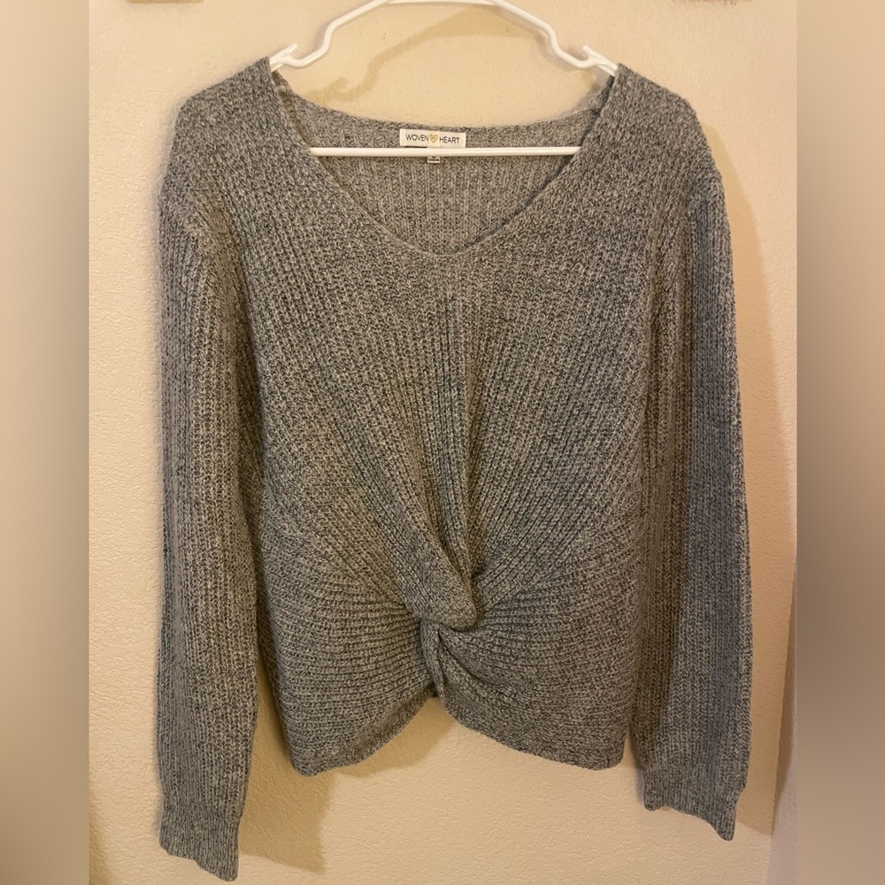 Woven Heart Knotted V-Neck Sweater in Gray